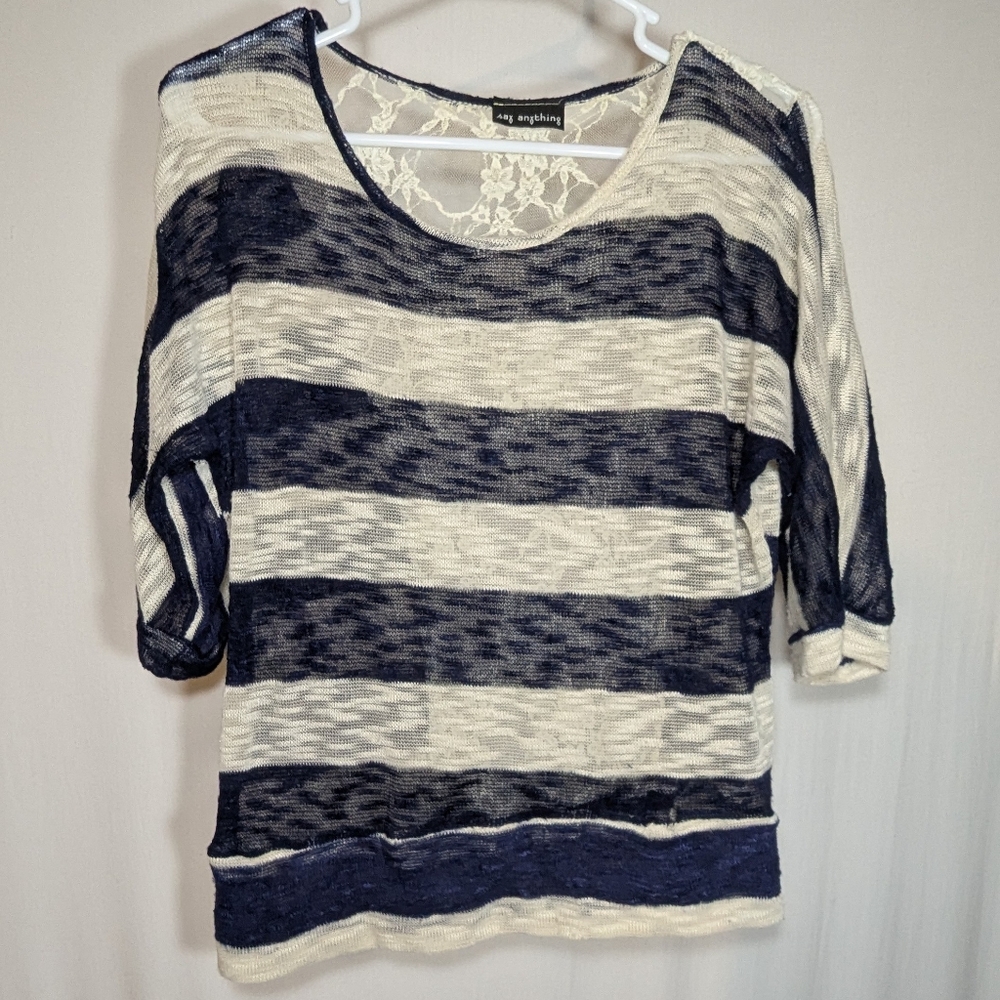Navy White Striped Shirt Knit Cream Lace 3/4 Sleeve Y2K Blouse Top Ivory